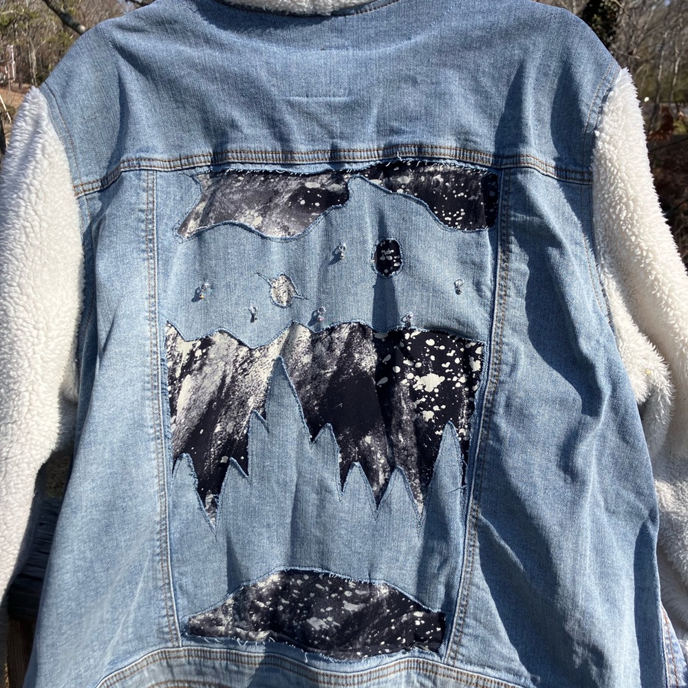 Women’s large up-cycled Jean jacket with cut out night sky - Picture 2 of 4